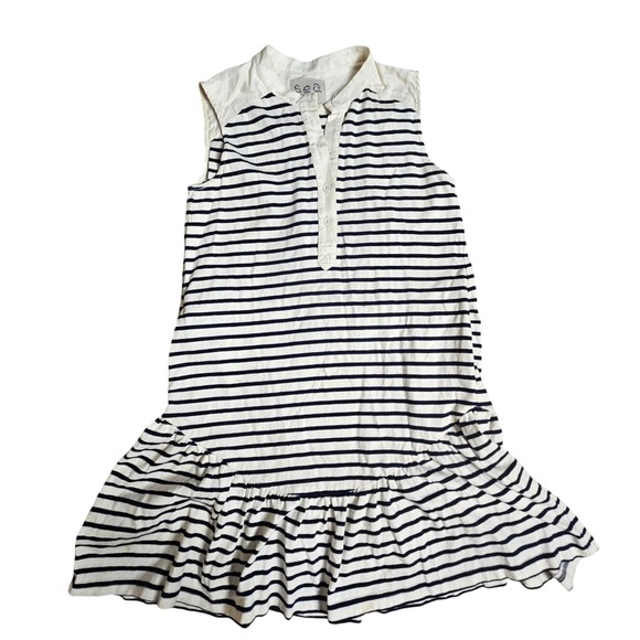 Sea New York Striped Ruffle Hem Sleeveless Dress Collared Womens XS White Blue - Picture 4 of 8